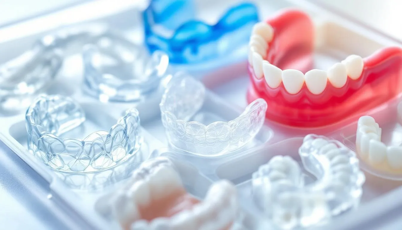 The image features a close-up view of various oral appliances for sleep apnea, including mandibular advancement devices and tongue retaining devices, neatly arranged on a medical table. These dental appliances are designed to treat obstructive sleep apnea by positioning the lower jaw forward to help maintain an open airway during sleep.
