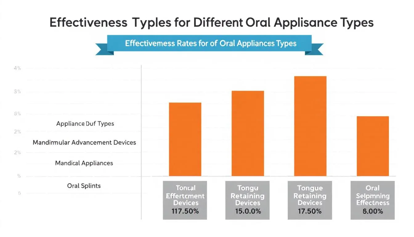 The image displays a comparison chart illustrating the effectiveness rates of various oral appliances for treating sleep apnea, including mandibular advancement devices and tongue retaining devices. It highlights how these oral appliances can improve sleep quality and reduce symptoms of obstructive sleep apnea, such as excessive daytime sleepiness and loud snoring.
