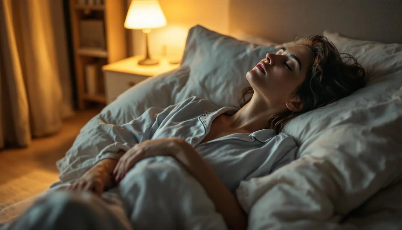 A person lies peacefully in bed, eyes closed and dressed in comfortable sleepwear, surrounded by a dimly lit, serene bedroom that promotes restful sleep. This tranquil sleep environment encourages relaxation and supports the journey into deeper sleep through guided meditation.