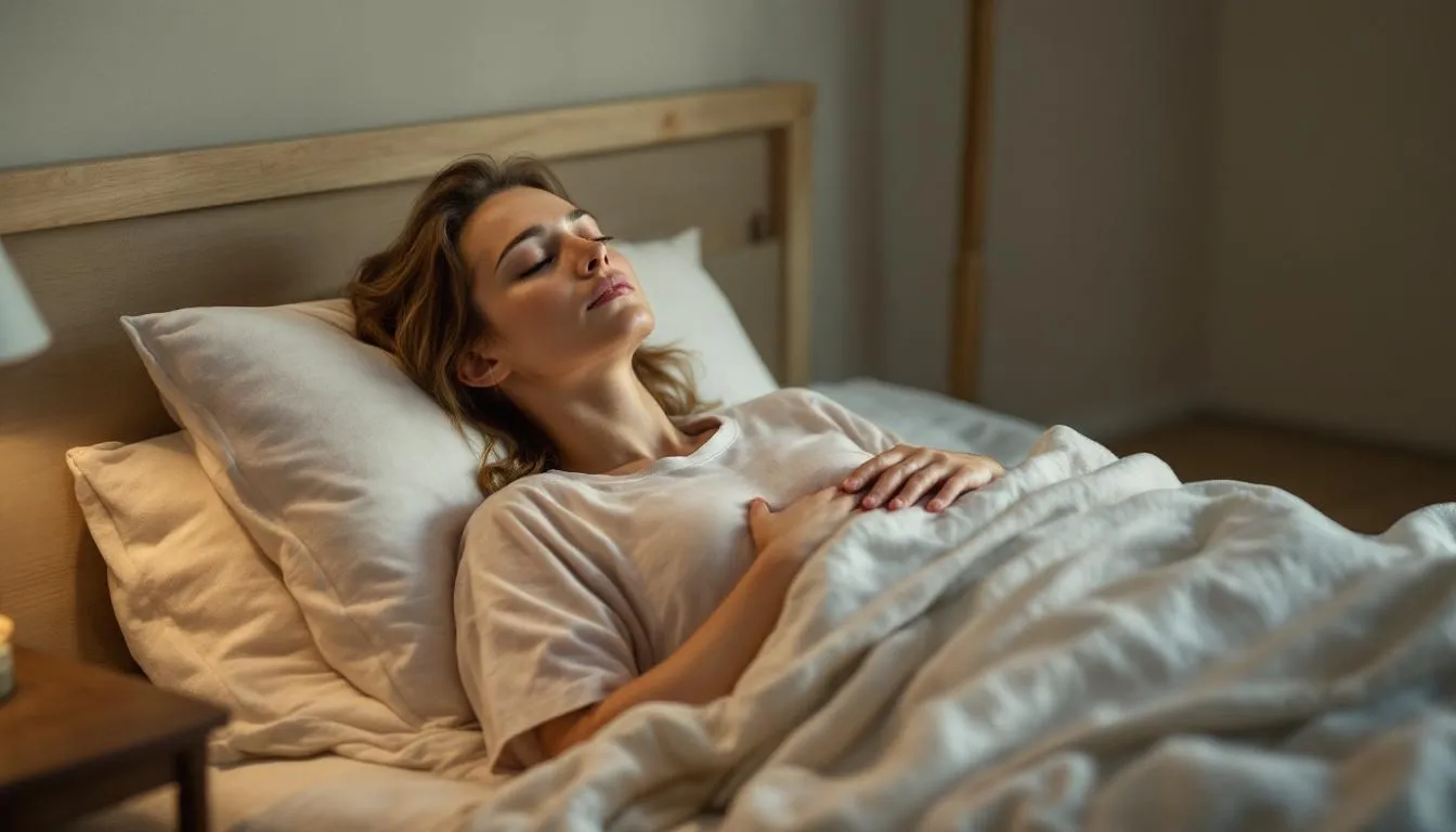 A person lies comfortably in bed with one hand resting on their chest, practicing breathing exercises in a softly lit room, creating a peaceful sleep environment conducive to guided sleep meditation. The serene atmosphere promotes restful sleep and helps ease anxiety and stress, allowing for a deeper connection with the breath.