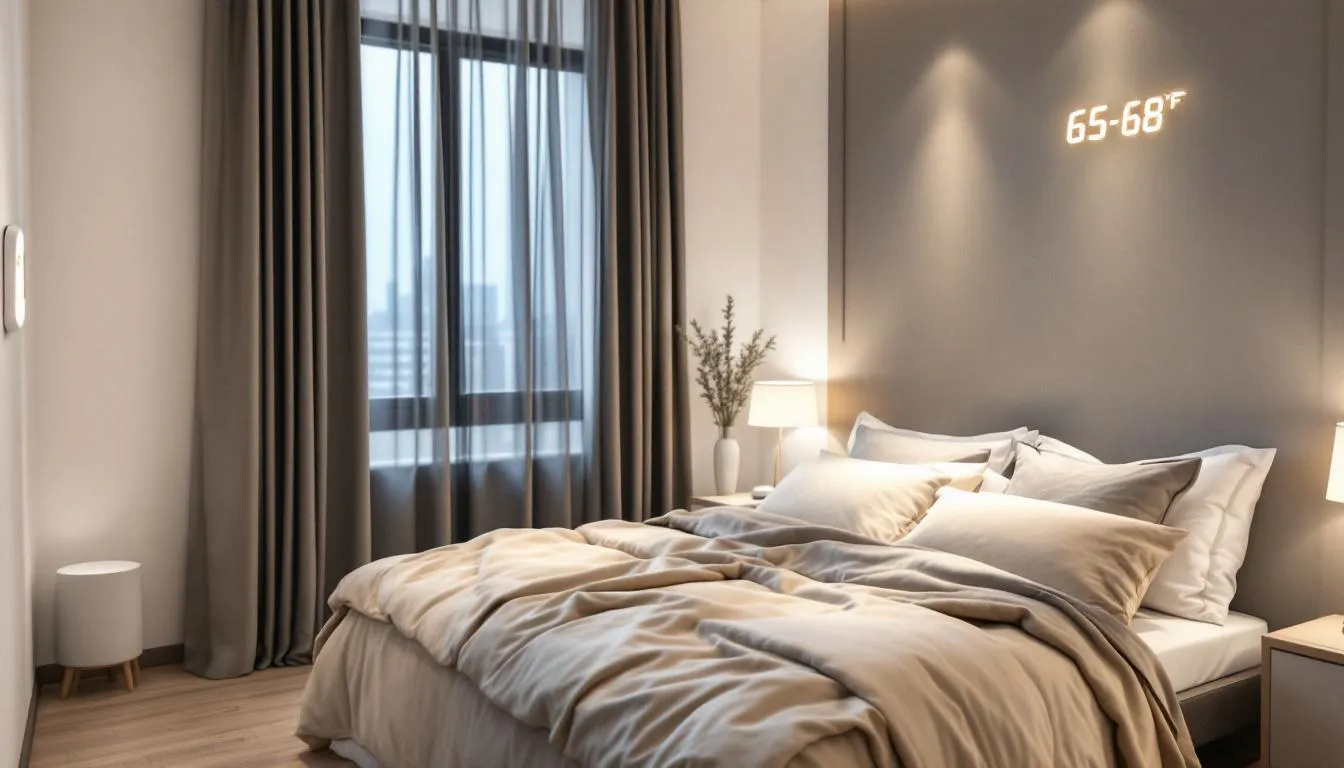 A cozy bedroom designed for optimal sleep features a temperature gauge indicating a comfortable 65-68°F, blackout curtains for a dark environment, and plush bedding, creating a perfect setting for restful sleep and guided sleep meditation. The atmosphere promotes relaxation and helps individuals fall asleep faster, ensuring a peaceful night.