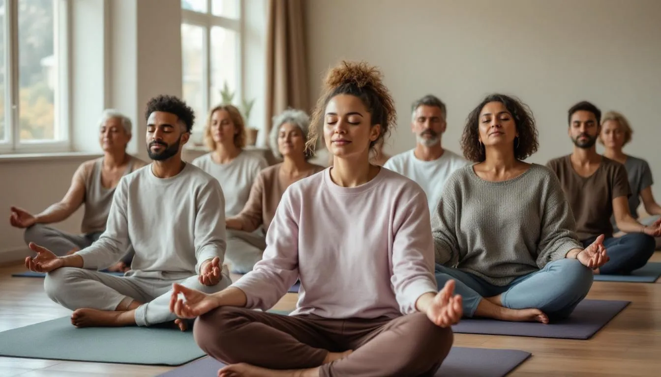 A diverse group of individuals of various ages is seated in peaceful meditation poses within a softly lit room, creating a serene environment ideal for guided meditation and restful sleep. The atmosphere promotes relaxation and encourages participants to let go of stress and anxiety, fostering a deeper connection with their breath and body.